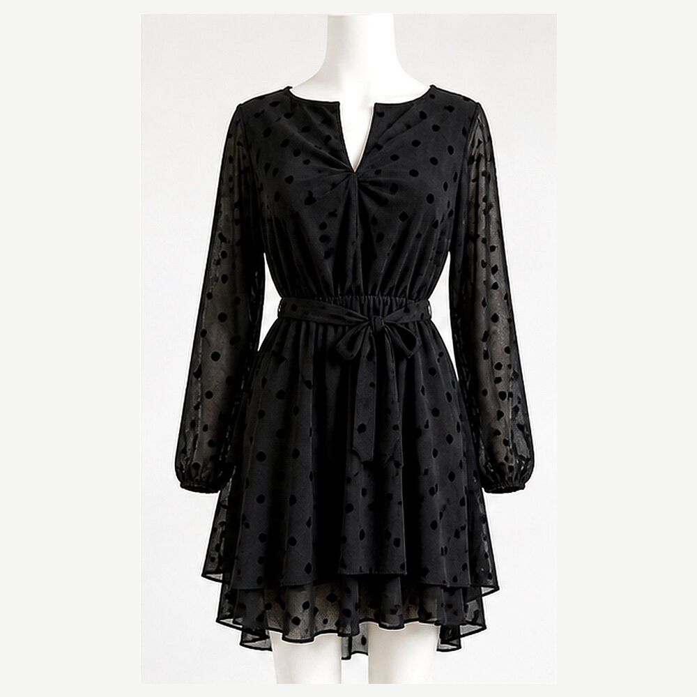 Allison & Kelly Black Polka Dot Chiffon Dress Size Small Sheer Sleeve Tie Waist
